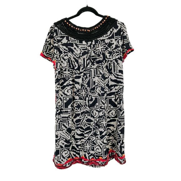 ANTHROPOLOGIE Floreat Abelia Black White Embroidered Fringe Boho Dress Large - Picture 4 of 10